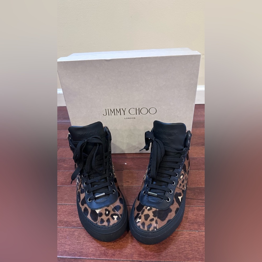 Vintage Jimmy Choo Black Leather & Leopard Print High-Top Sneakers